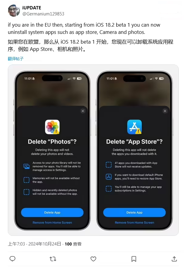 洪梅镇苹果手机维修分享iOS 18.2 支持删除 App Store 应用商店 